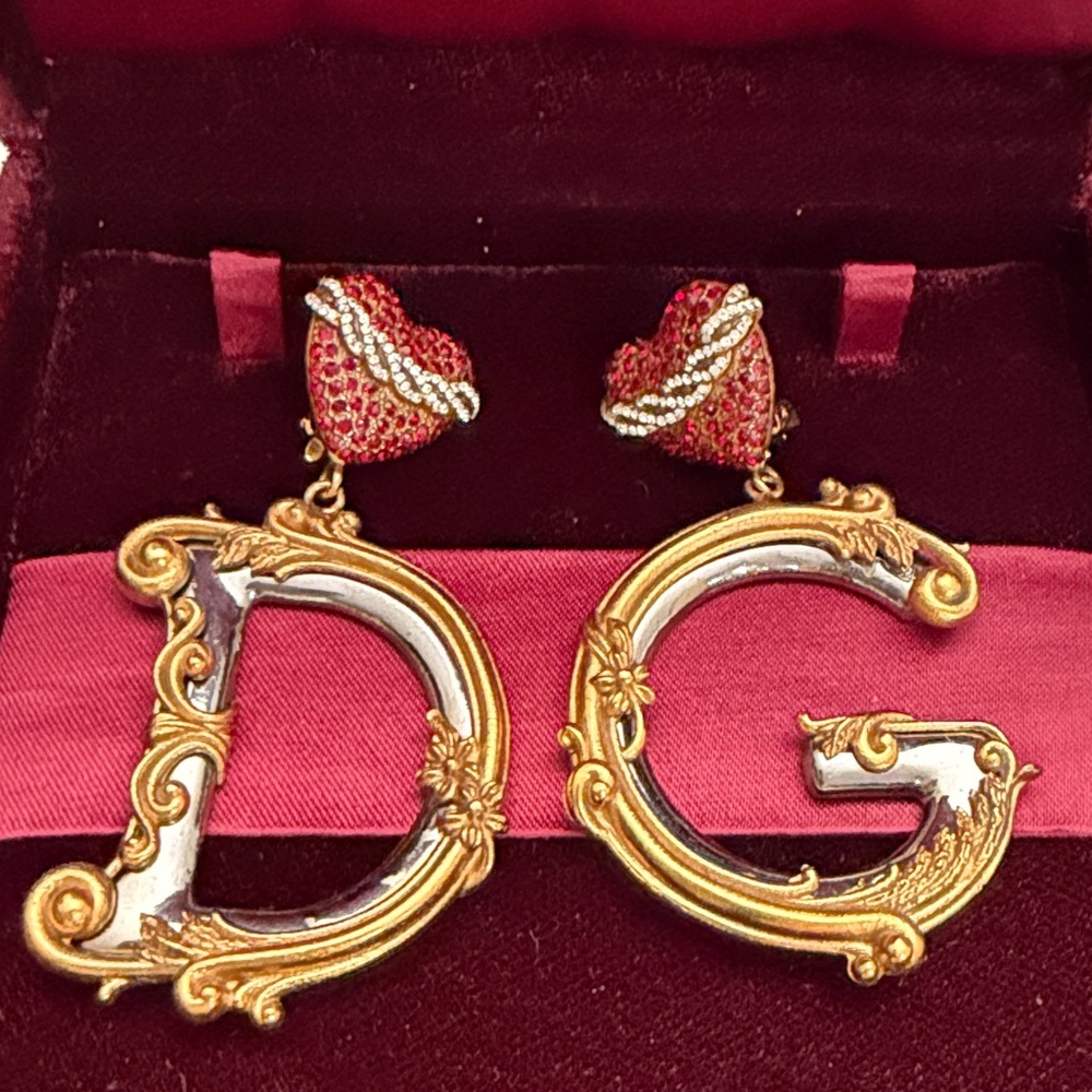 DOLCE & GABBANA Gold Brass Heart Devotion DG Clip on dangling Earrings
